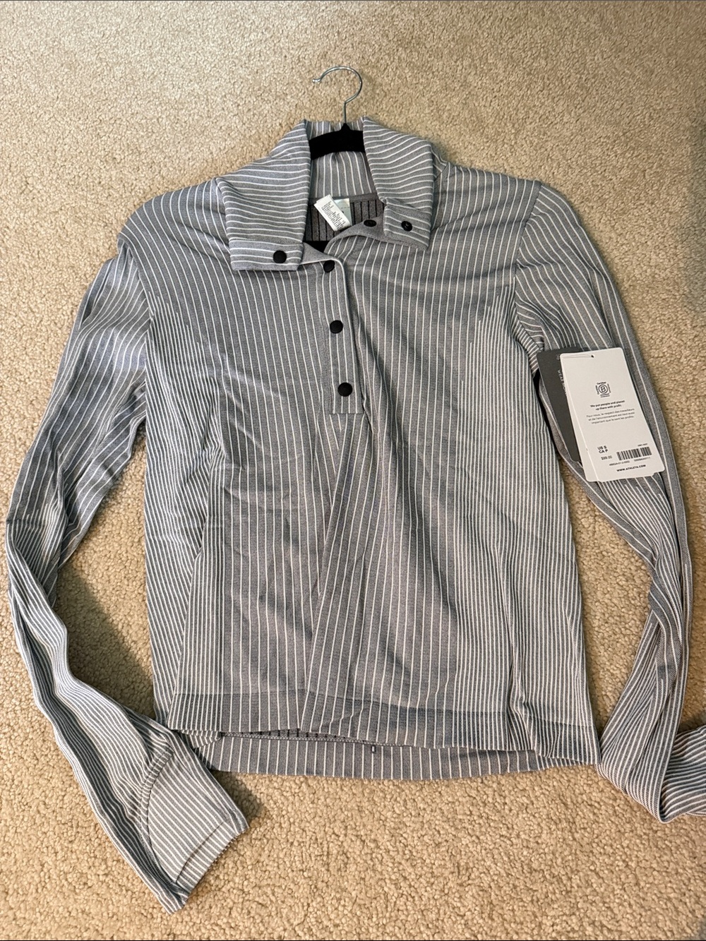 Athleta Gray and White Pinstripe Button-Down Top